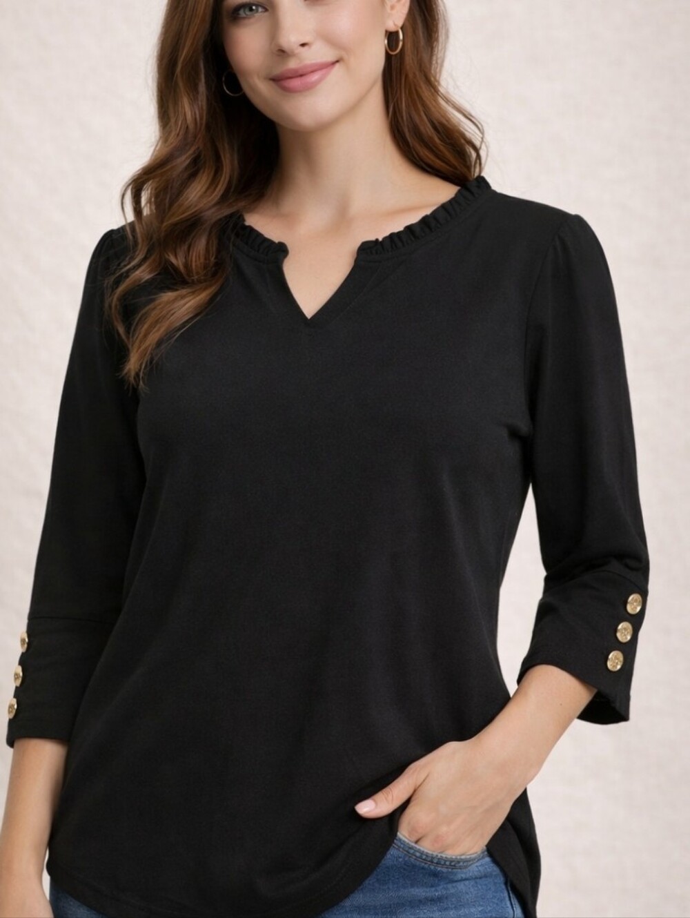 WIHOLL Black 3/4 Sleeve V-Neck Tunic Top - Size Medium